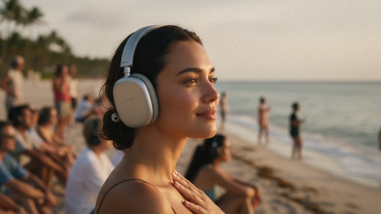 Mujer escuchando con auriculares junto al mar