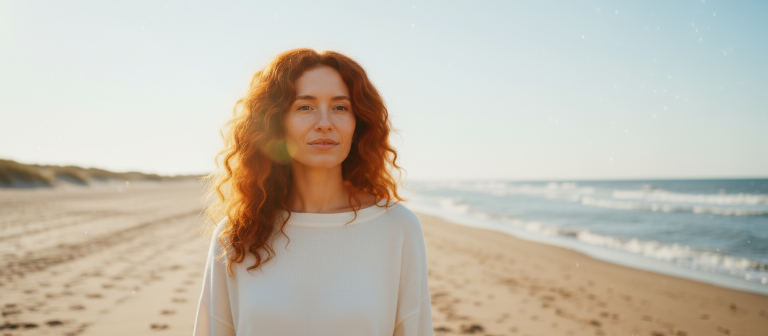 Mujer de expresión serena frente al mar
