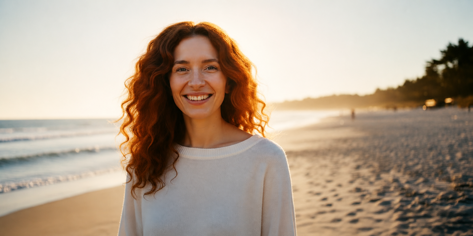 Mujer sonriente en la playa al atardecer